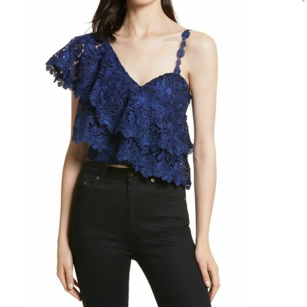ALICE + OLIVIA Blue Black SABA Lace Ruffle One Shoulder Asymmetric Top size 6